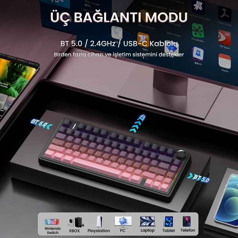 Aula F75 Mekanik RGB TKL Reaper Switch Kablosuz Makrolu Hot Swap Klavye Gradyan Pembe - 3