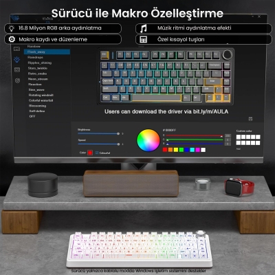 Aula F75 Mekanik RGB TKL Seiya Switch Kablosuz Makrolu Hot Swap Klavye Desenli Beyaz - 4