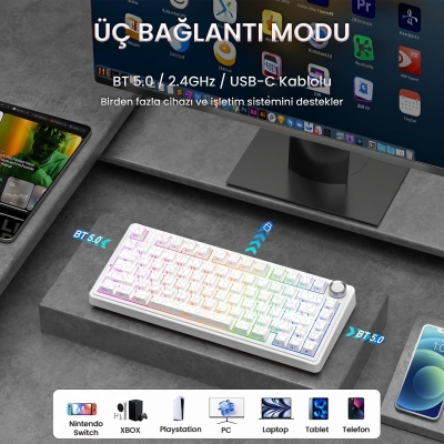 Aula F75 Mekanik RGB TKL Seiya Switch Kablosuz Makrolu Hot Swap Klavye Desenli Beyaz - 3