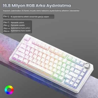 Aula F75 Mekanik RGB TKL Seiya Switch Kablosuz Makrolu Hot Swap Klavye Desenli Beyaz - 5