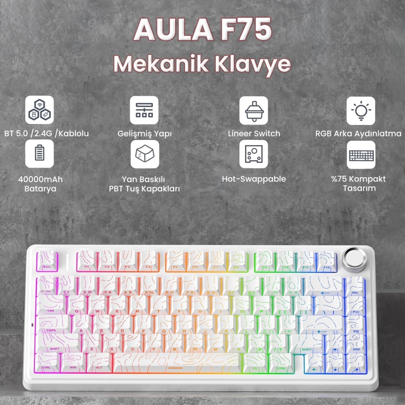 Aula F75 Mekanik RGB TKL Star Vector Switch Kablosuz Makrolu Hot Swap Klavye Desenli Beyaz - 2