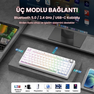 Aula F75 Mekanik RGB TKL Star Vector Switch Kablosuz Makrolu Hot Swap Klavye Desenli Beyaz - 3
