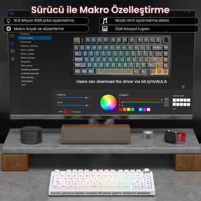 Aula F75 Mekanik RGB TKL Star Vector Switch Kablosuz Makrolu Hot Swap Klavye Desenli Beyaz - 4