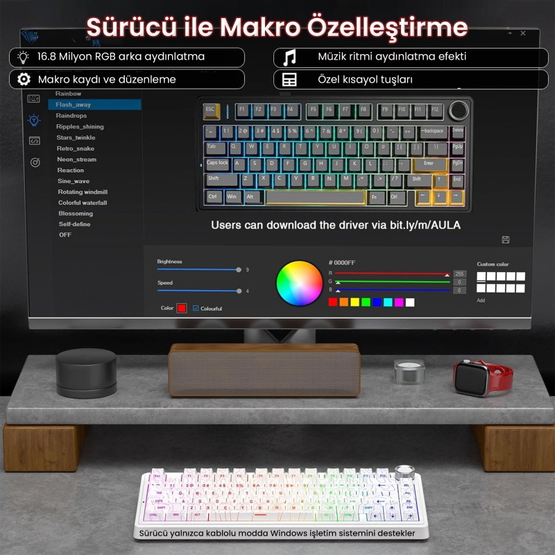 Aula F75 Mekanik RGB TKL Star Vector Switch Kablosuz Makrolu Hot Swap Klavye Desenli Beyaz - 4
