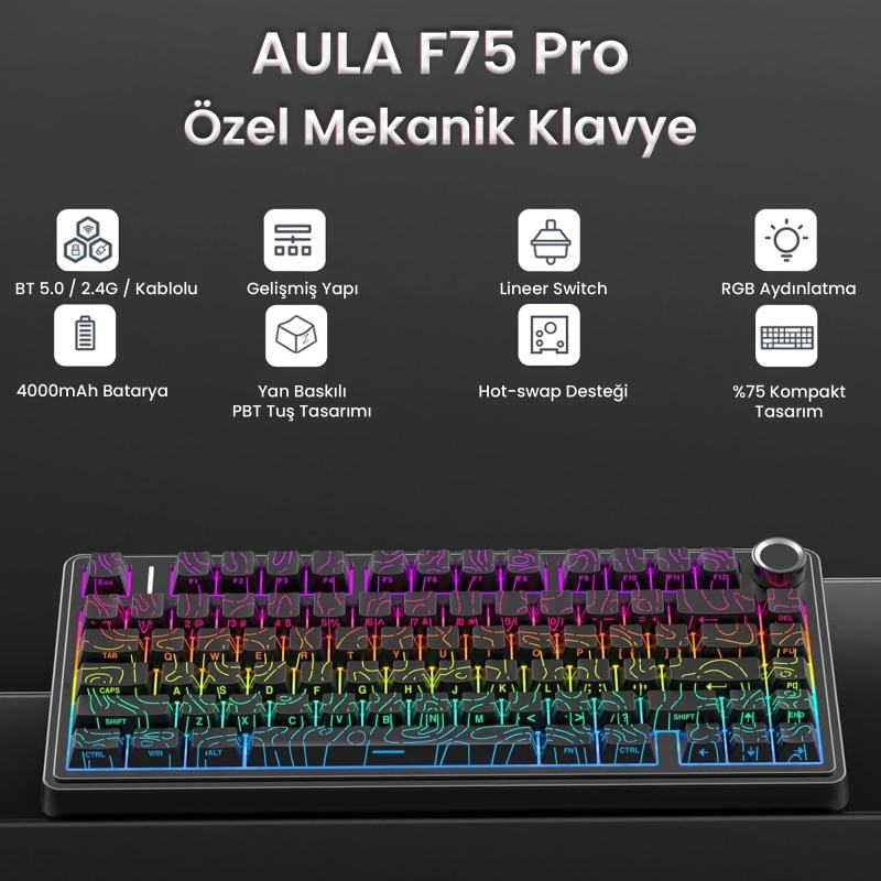 Aula F75 Mekanik RGB TKL Seiya Switch Kablosuz Makrolu Hot Swap Klavye Desenli Siyah - 2