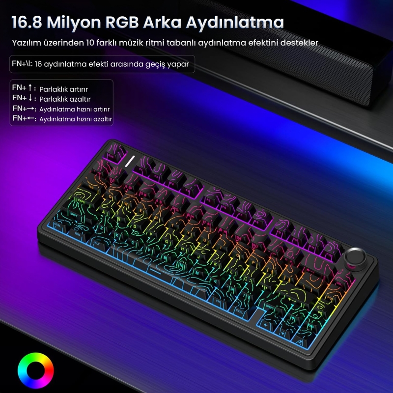Aula F75 Mekanik RGB TKL Seiya Switch Kablosuz Makrolu Hot Swap Klavye Desenli Siyah - 5