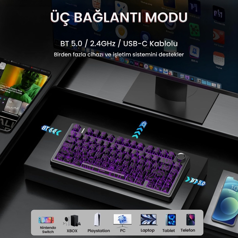 Aula F75 Mekanik RGB TKL Seiya Switch Kablosuz Makrolu Hot Swap Klavye Desenli Siyah - 3