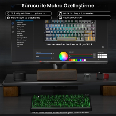 Aula F75 Mekanik RGB TKL Seiya Switch Kablosuz Makrolu Hot Swap Klavye Desenli Siyah - 4