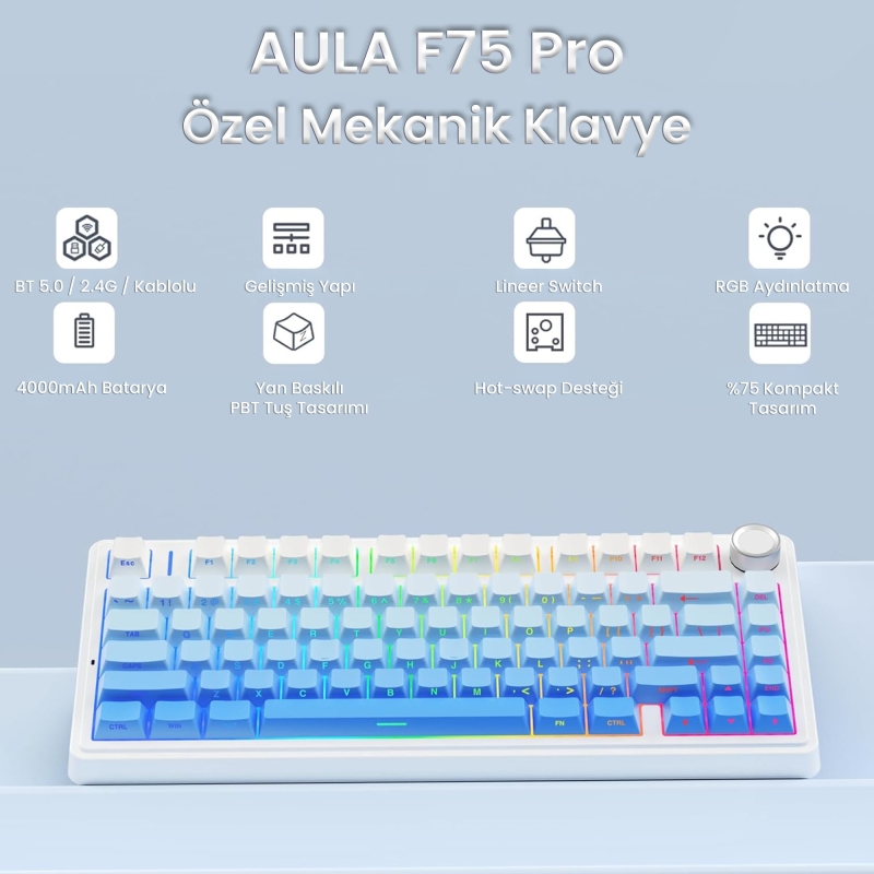Aula F75 Pro Mekanik RGB TKL Seiya Switch Kablosuz Makrolu Hot Swap Klavye Gradyan Mavi - 2