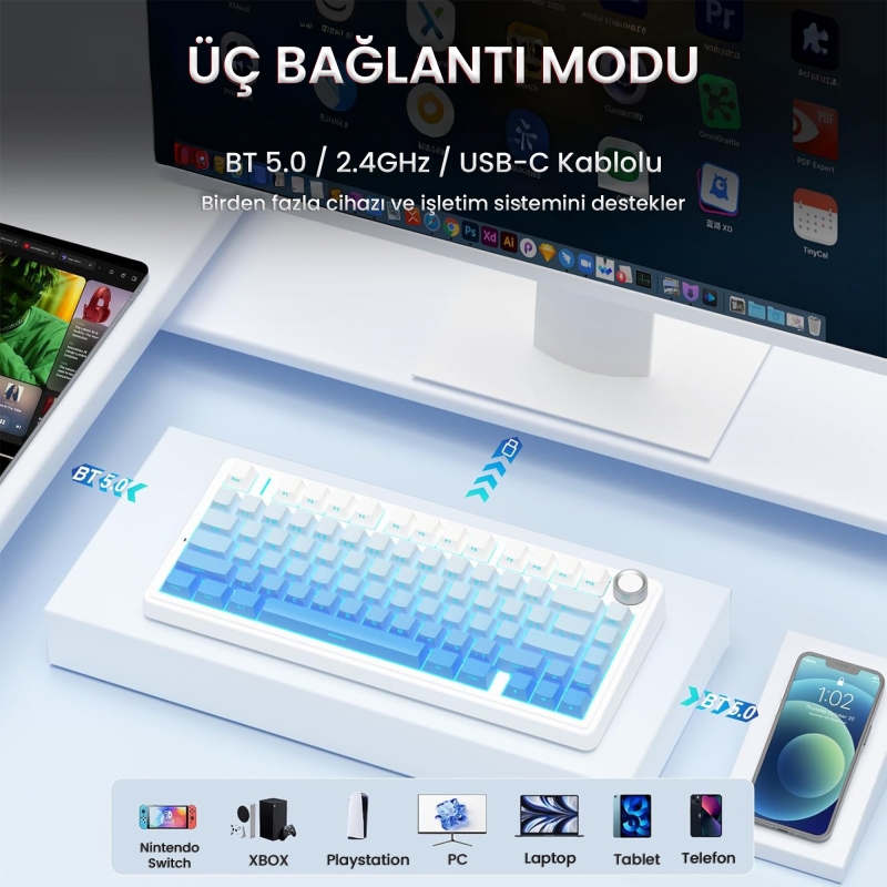 Aula F75 Pro Mekanik RGB TKL Seiya Switch Kablosuz Makrolu Hot Swap Klavye Gradyan Mavi - 3