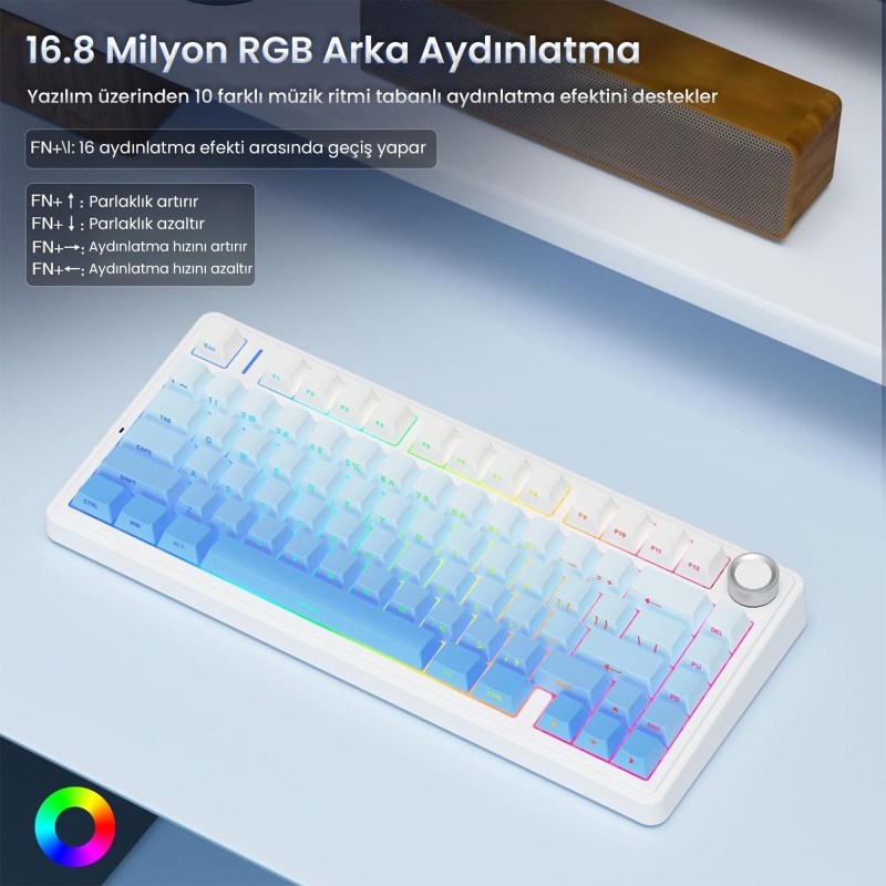 Aula F75 Pro Mekanik RGB TKL Seiya Switch Kablosuz Makrolu Hot Swap Klavye Gradyan Mavi - 5