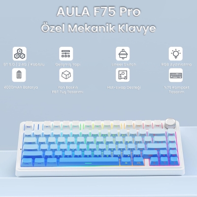 Aula F75 Mekanik RGB TKL Seiya Switch Kablosuz Makrolu Hot Swap Klavye Gradyan Mavi - 2