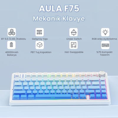 Aula F75 Mekanik RGB TKL Star Vector Switch Kablosuz Makrolu Hot Swap Klavye Gradyan Mavi - 2