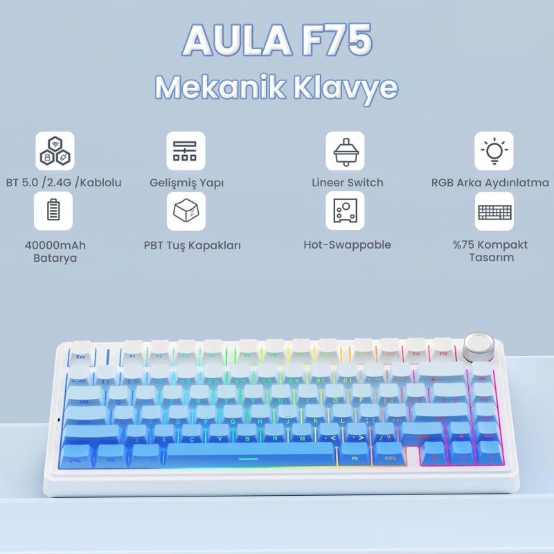 Aula F75 Mekanik RGB TKL Star Vector Switch Kablosuz Makrolu Hot Swap Klavye Gradyan Mavi - 2
