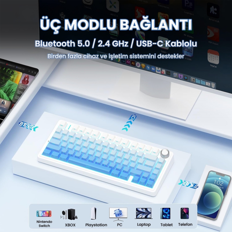 Aula F75 Mekanik RGB TKL Star Vector Switch Kablosuz Makrolu Hot Swap Klavye Gradyan Mavi - 3