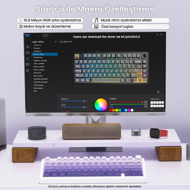 Aula F75 Pro Mekanik RGB TKL Seiya Switch Kablosuz Makrolu Hot Swap Klavye Gradyan Mor - 4