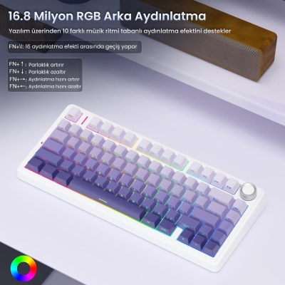 Aula F75 Pro Mekanik RGB TKL Seiya Switch Kablosuz Makrolu Hot Swap Klavye Gradyan Mor - 5