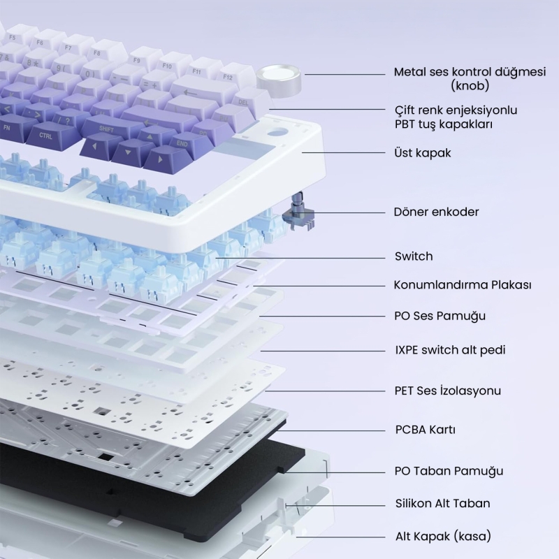Aula F75 Pro Mekanik RGB TKL Seiya Switch Kablosuz Makrolu Hot Swap Klavye Gradyan Mor - 6
