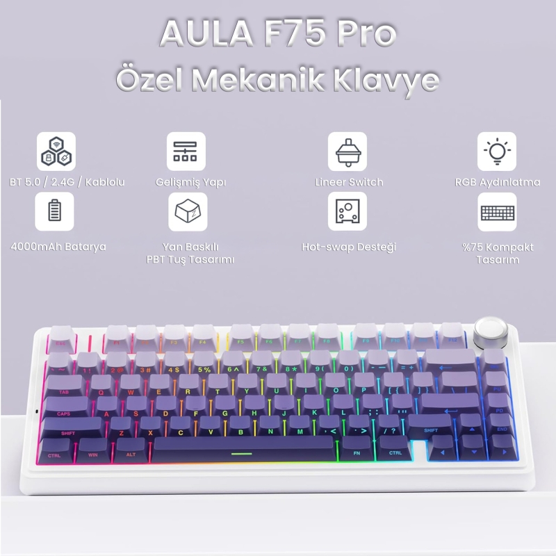 Aula F75 Mekanik RGB TKL Seiya Switch Kablosuz Makrolu Hot Swap Klavye Gradyan Mor - 2