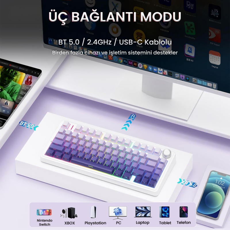 Aula F75 Mekanik RGB TKL Seiya Switch Kablosuz Makrolu Hot Swap Klavye Gradyan Mor - 3