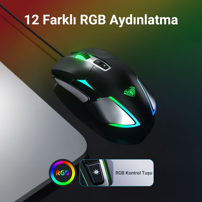 Aula F816 RGB Efektli 12800DPI Kablolu Optik Gaming Oyuncu Mouse - 3