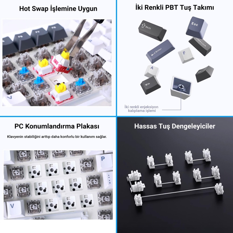 Aula F87 Mekanik RGB TKL GrayWood V4 Switch Kablosuz Makrolu Hot Swap Klavye Siyah - 4