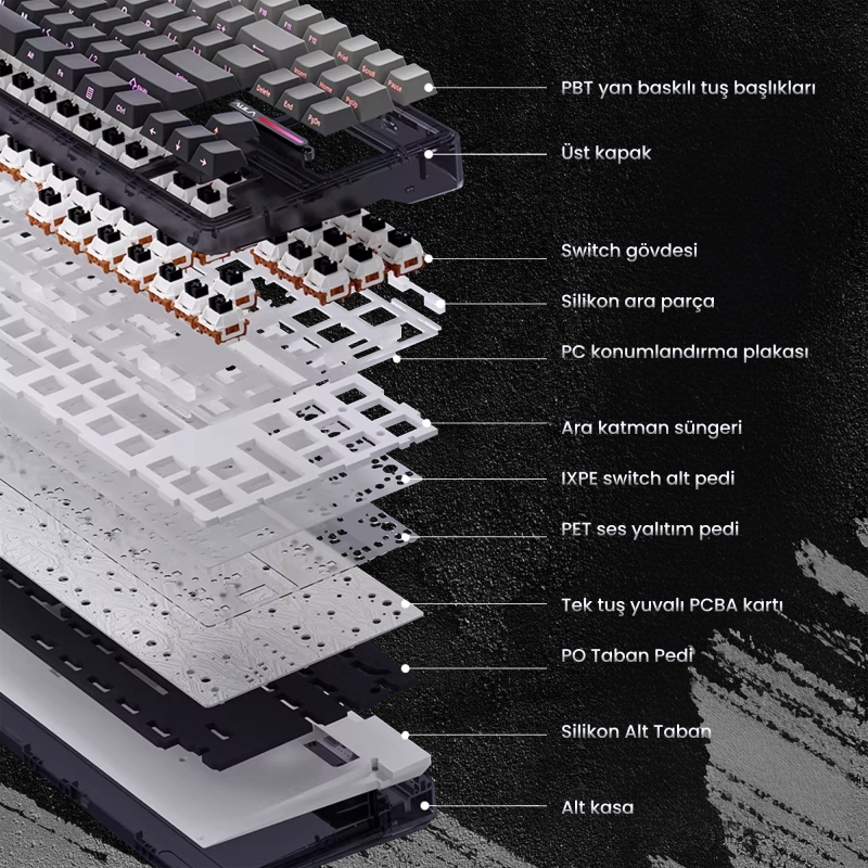 Aula F87 PRO Mekanik RGB TKL GrayWood V4 Switch Kablosuz Makrolu Hot Swap Klavye Gradyan Gri - 3