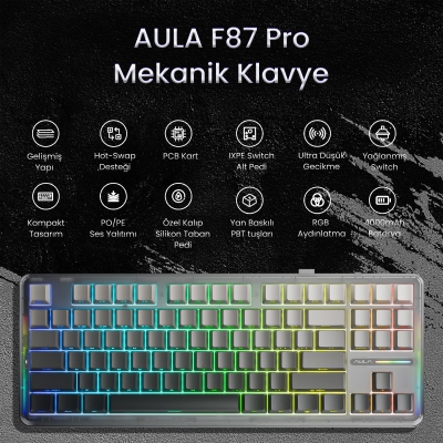 Aula F87 PRO Mekanik RGB TKL GrayWood V4 Switch Kablosuz Makrolu Hot Swap Klavye Gradyan Gri - 2