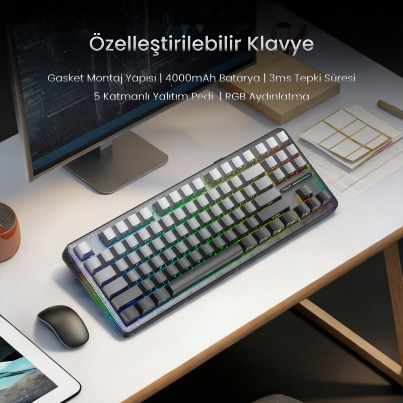 Aula F87 PRO Mekanik RGB TKL GrayWood V4 Switch Kablosuz Makrolu Hot Swap Klavye Gradyan Gri - 6