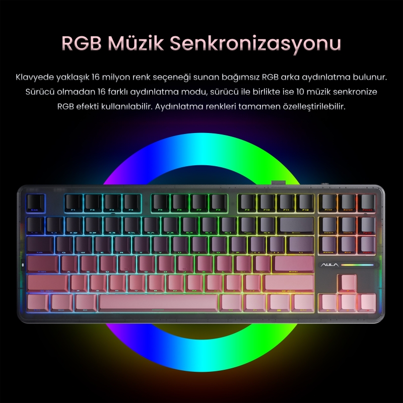Aula F87 PRO Mekanik RGB TKL GrayWood V4 Switch Kablosuz Makrolu Hot Swap Klavye Gradyan Pembe - 5