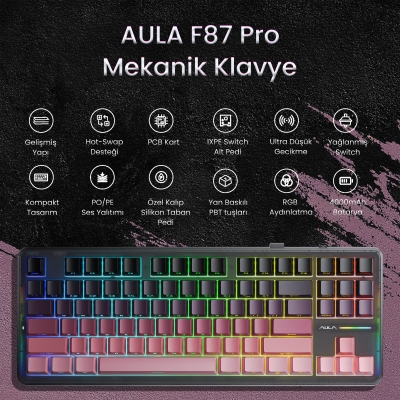 Aula F87 PRO Mekanik RGB TKL GrayWood V4 Switch Kablosuz Makrolu Hot Swap Klavye Gradyan Pembe - 2