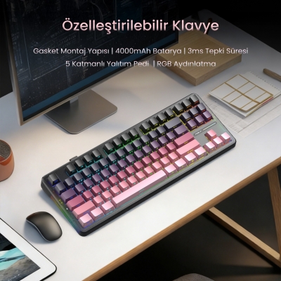 Aula F87 PRO Mekanik RGB TKL GrayWood V4 Switch Kablosuz Makrolu Hot Swap Klavye Gradyan Pembe - 6