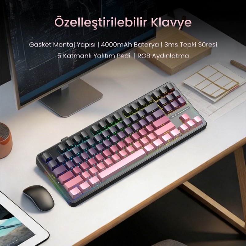 Aula F87 PRO Mekanik RGB TKL GrayWood V4 Switch Kablosuz Makrolu Hot Swap Klavye Gradyan Pembe - 6