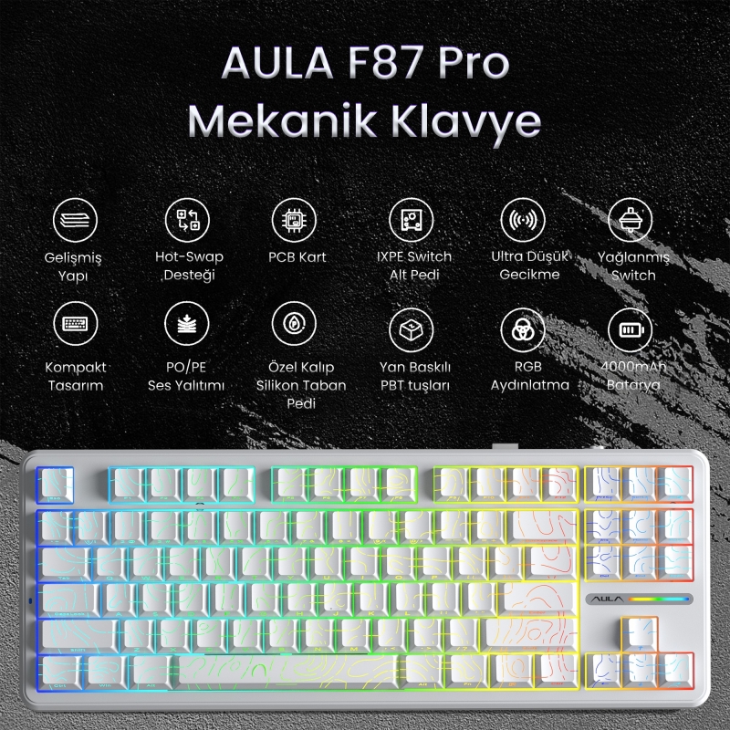 Aula F87 PRO Mekanik RGB TKL Kayhua İntelligent Switch Kablosuz Makrolu Hot Swap Klavye Desenli Beyaz - 2