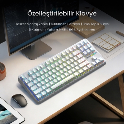 Aula F87 PRO Mekanik RGB TKL Kayhua İntelligent Switch Kablosuz Makrolu Hot Swap Klavye Desenli Beyaz - 6