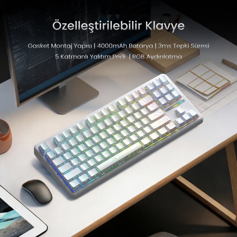 Aula F87 PRO Mekanik RGB TKL Kayhua İntelligent Switch Kablosuz Makrolu Hot Swap Klavye Desenli Beyaz - 6