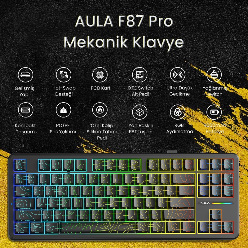 Aula F87 PRO Mekanik RGB TKL Kayhua İntelligent Switch Kablosuz Makrolu Hot Swap Klavye Desenli Siyah - 2