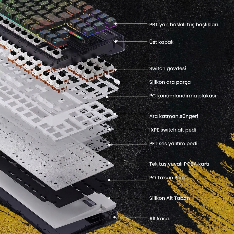 Aula F87 PRO Mekanik RGB TKL Kayhua İntelligent Switch Kablosuz Makrolu Hot Swap Klavye Desenli Siyah - 3