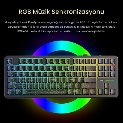Aula F87 PRO Mekanik RGB TKL Kayhua İntelligent Switch Kablosuz Makrolu Hot Swap Klavye Desenli Siyah - 5