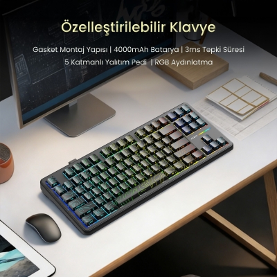Aula F87 PRO Mekanik RGB TKL Kayhua İntelligent Switch Kablosuz Makrolu Hot Swap Klavye Desenli Siyah - 6