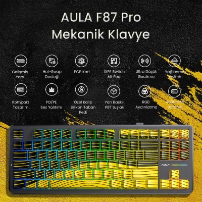 Aula F87 PRO Mekanik RGB TKL Matcha Latte Switch Kablosuz Makrolu Hot Swap Klavye Sarı - 2