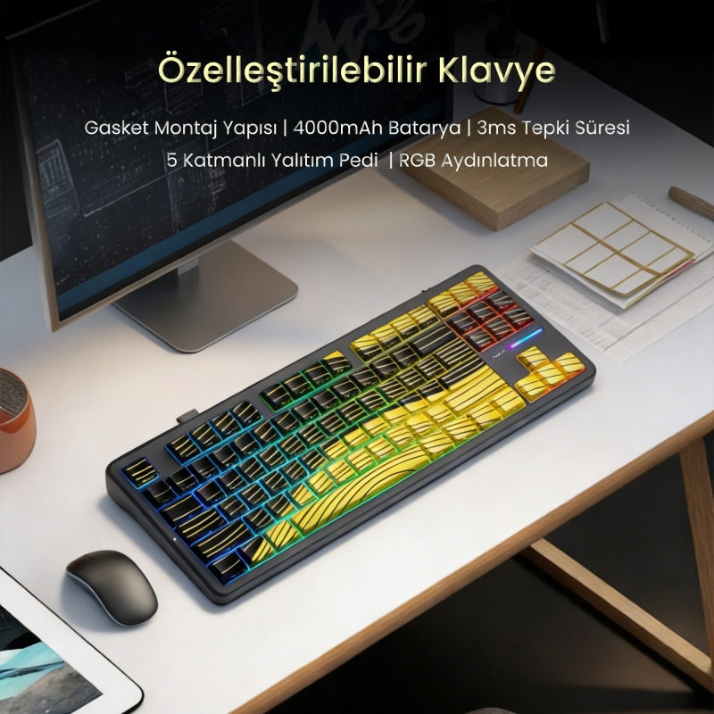 Aula F87 PRO Mekanik RGB TKL Matcha Latte Switch Kablosuz Makrolu Hot Swap Klavye Sarı - 6