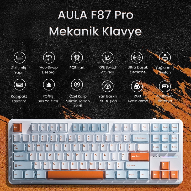 Aula F87 PRO Mekanik RGB TKL Nimbus V3 Switch Kablosuz Makrolu Hot Swap Klavye Turuncu - 2