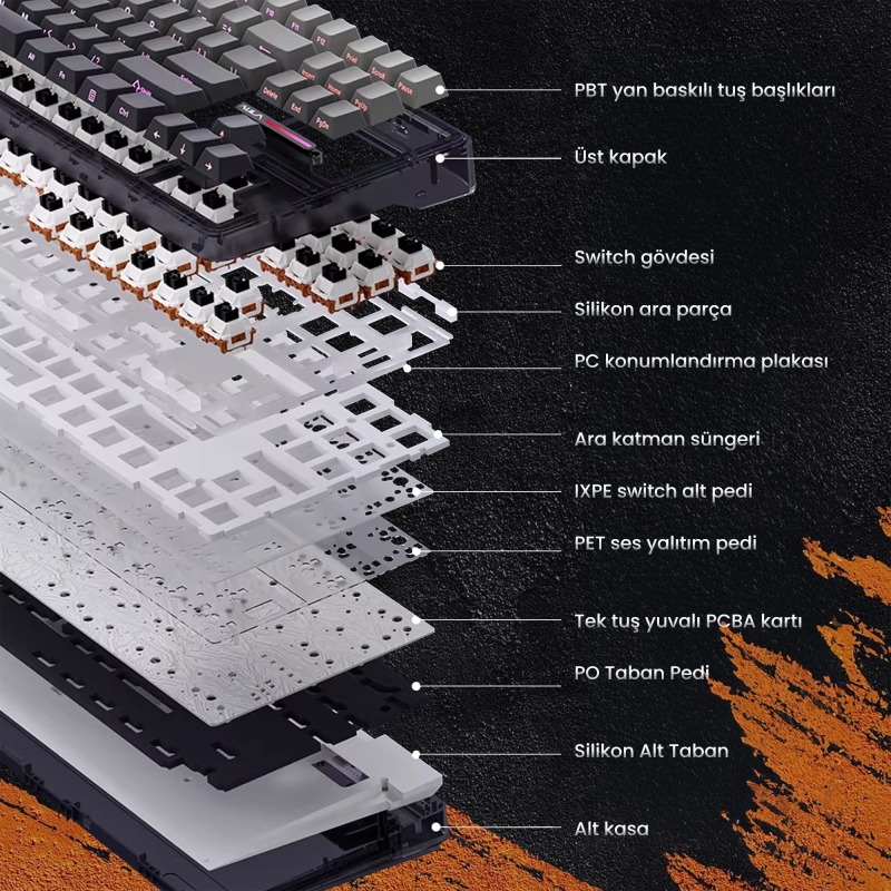 Aula F87 PRO Mekanik RGB TKL Nimbus V3 Switch Kablosuz Makrolu Hot Swap Klavye Turuncu - 3