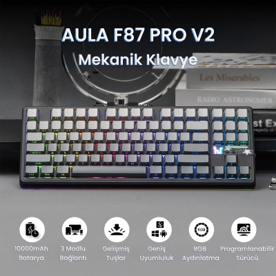 Aula F87 PRO V2 Mekanik RGB TKL GrayWood V4 Switch Kablosuz Makrolu Hot Swap Klavye Gradyan Gri - 2