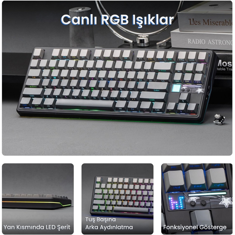 Aula F87 PRO V2 Mekanik RGB TKL GrayWood V4 Switch Kablosuz Makrolu Hot Swap Klavye Gradyan Gri - 4