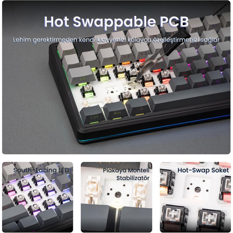 Aula F87 PRO V2 Mekanik RGB TKL GrayWood V4 Switch Kablosuz Makrolu Hot Swap Klavye Gradyan Gri - 5