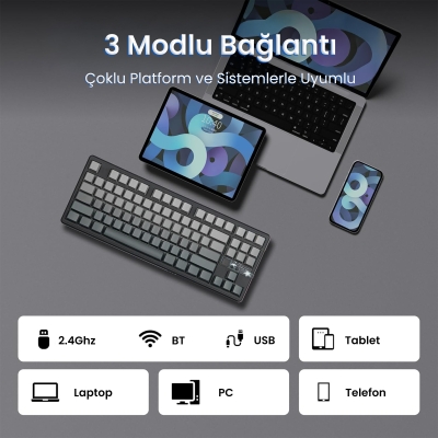 Aula F87 PRO V2 Mekanik RGB TKL GrayWood V4 Switch Kablosuz Makrolu Hot Swap Klavye Gradyan Gri - 6