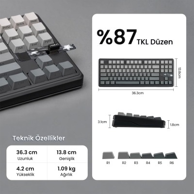 Aula F87 PRO V2 Mekanik RGB TKL GrayWood V4 Switch Kablosuz Makrolu Hot Swap Klavye Gradyan Gri - 7