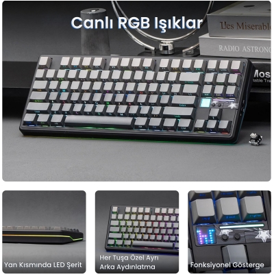 Aula F87 PRO V2 Mekanik RGB TKL GrayWood V4 Switch Kablosuz Makrolu Hot Swap Klavye Gradyan Gri - 4